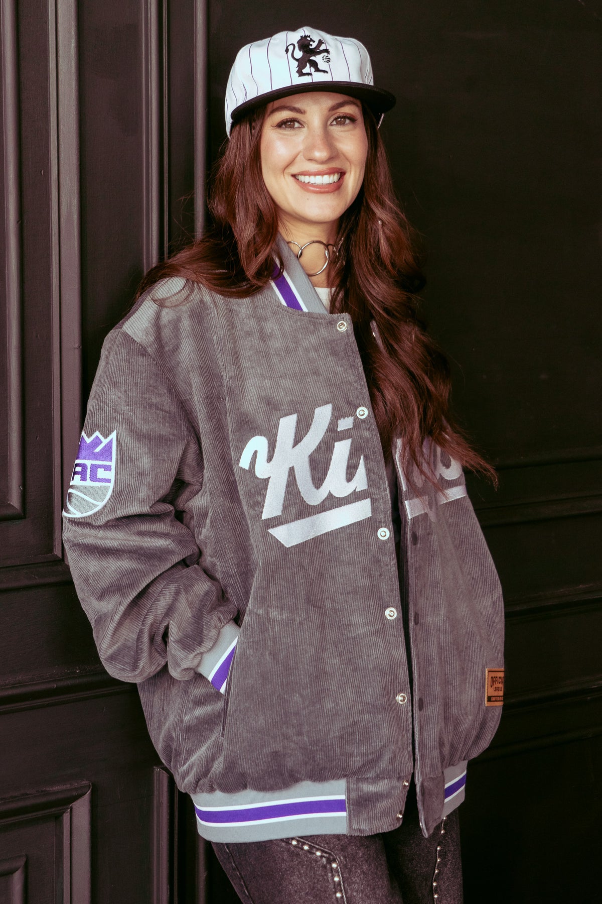 Model wearing the Sacramento Kings Courtside Vintage Corduroy Jacket and Royal Guard Natural