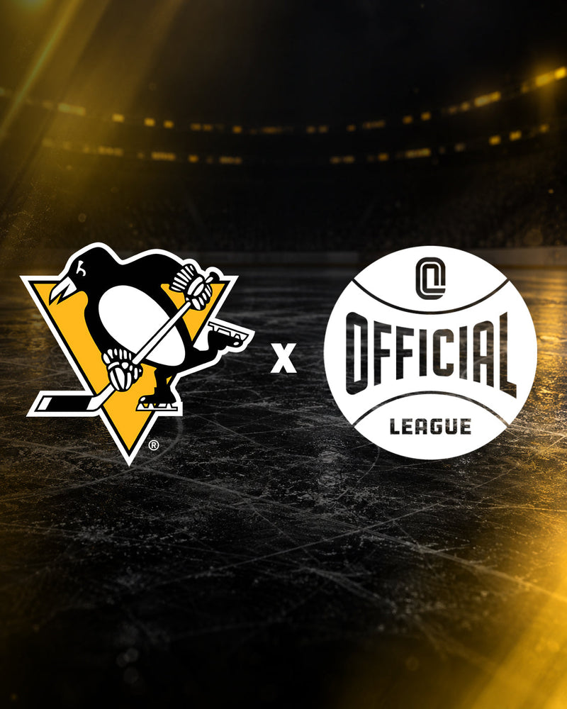Pittsburgh Penguins x Official League logos over black and gold hockey ice