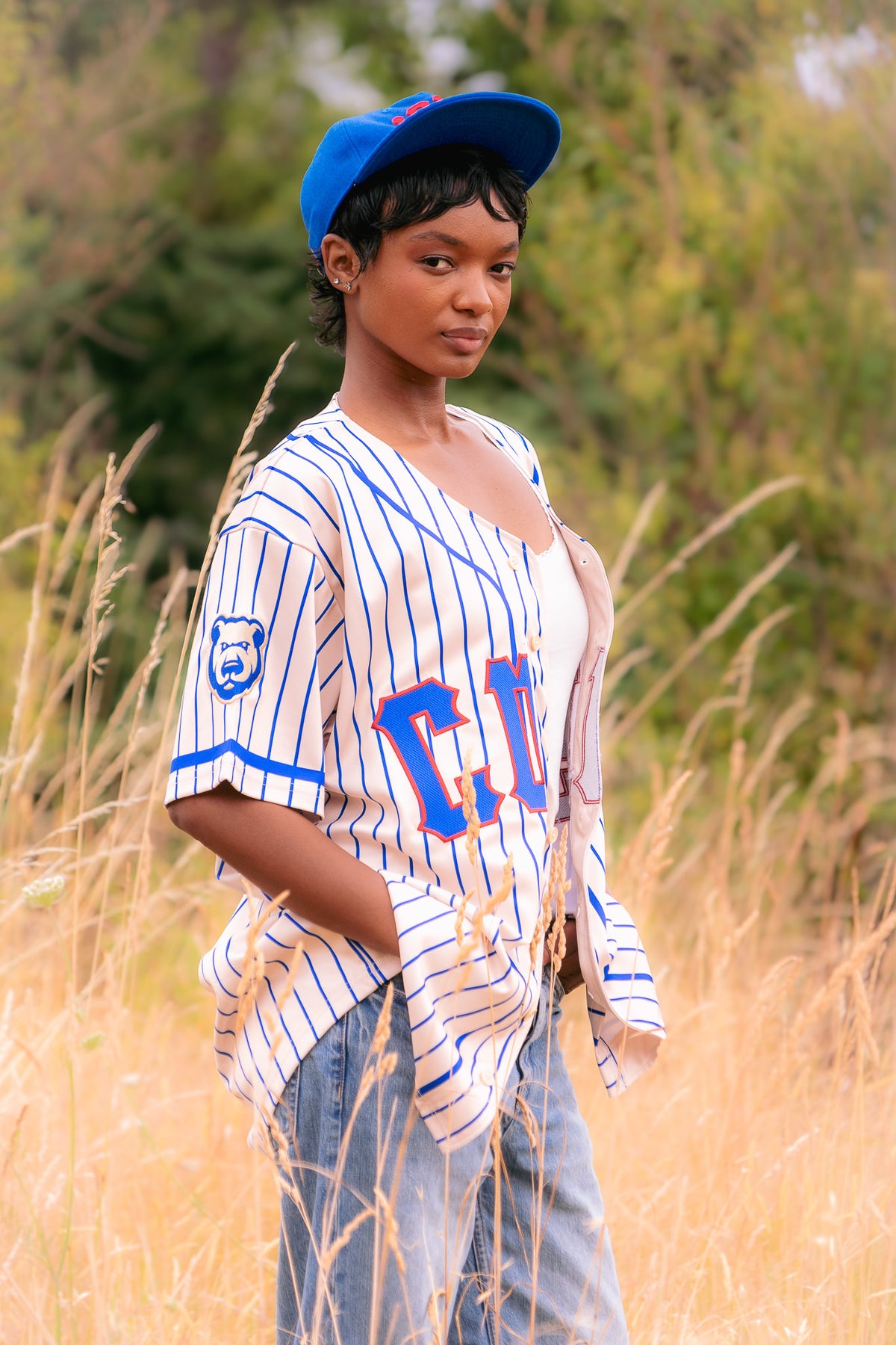 Iowa Cubs baseball jersey worn by a model