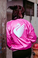 Boston Legacy FC Pink Swan Satin jacket worn by a model, showing the swan artwork