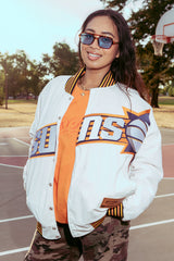 Phoenix Suns satin jacket worn by a model