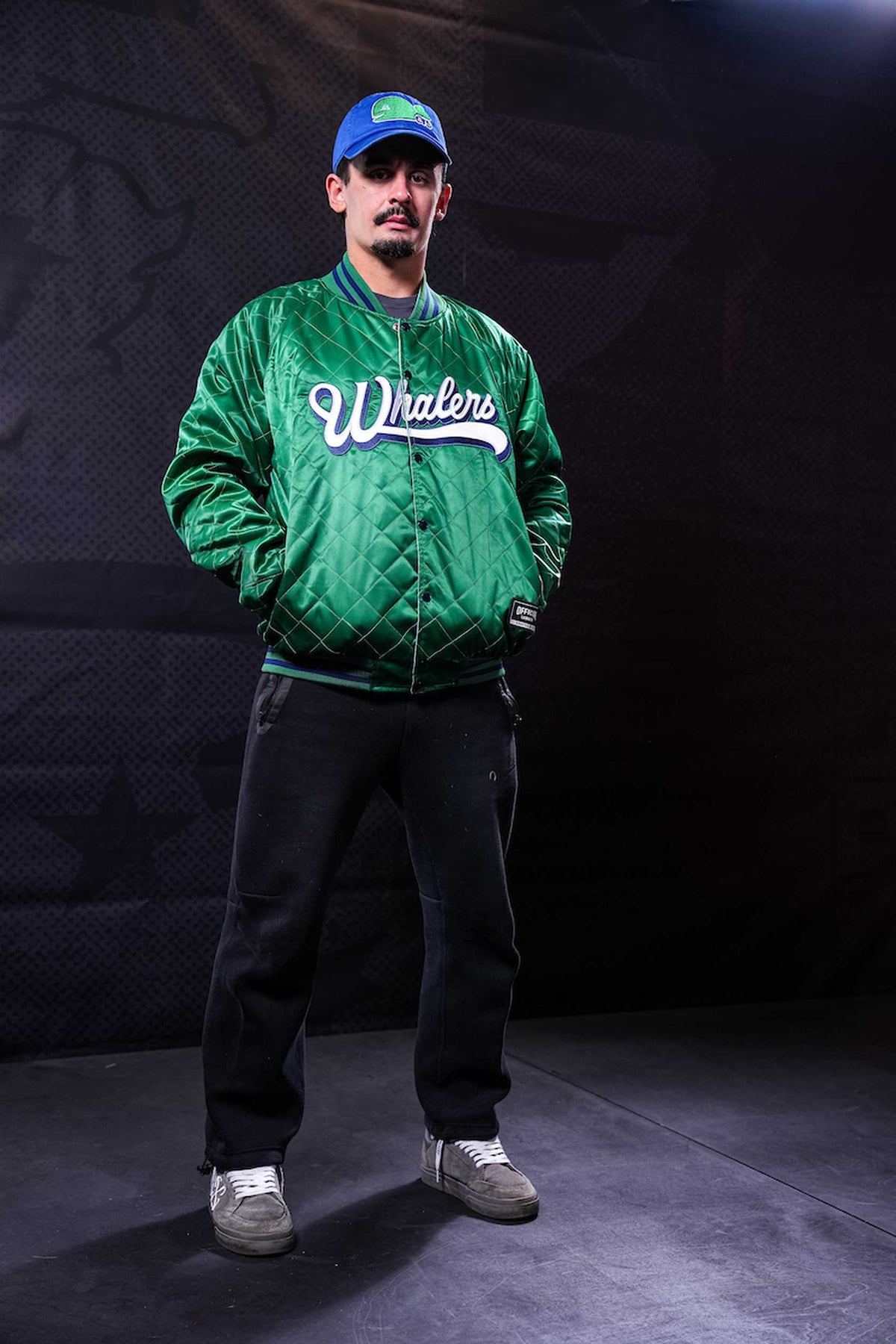 Whalers reversible satin jacket worn by Seth Jarvis